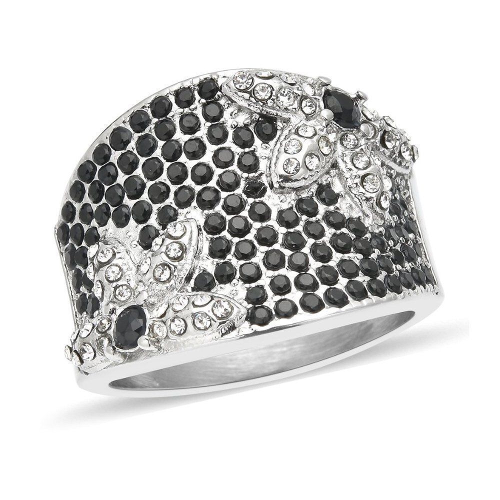 Austrian Crystal and Natural Thai Black Spinel Flower Ring in Stainless Steel